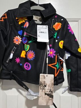 Hannah Banana Black Faux Leather Kids Moto Jacket with Colorful Pop Graphics